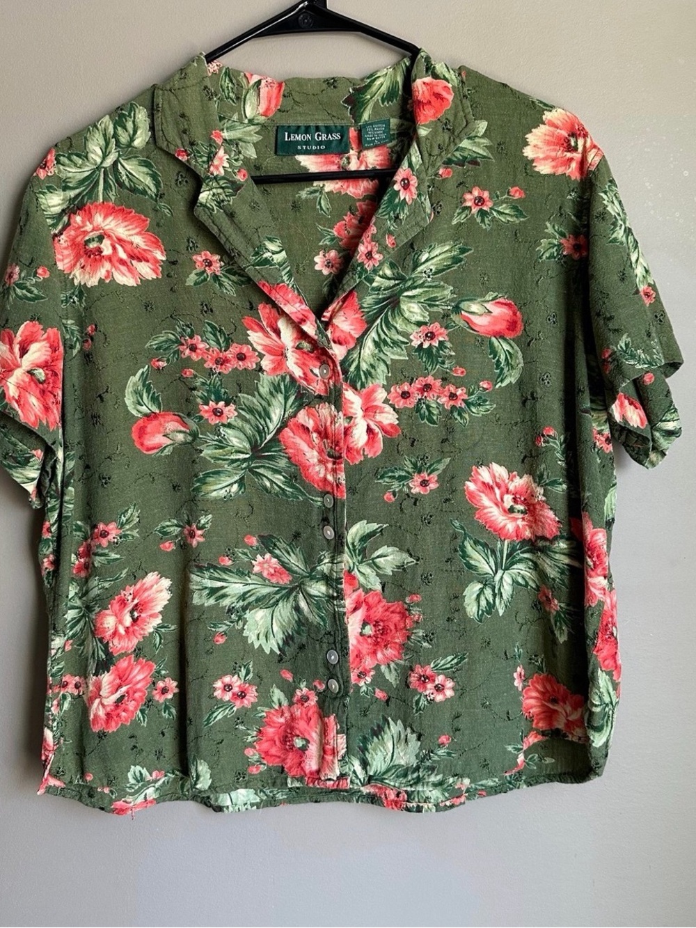 Lemon Grass Studio Palm Tree Fral Linen Blend Hawaiian Shirt Coral Flowers